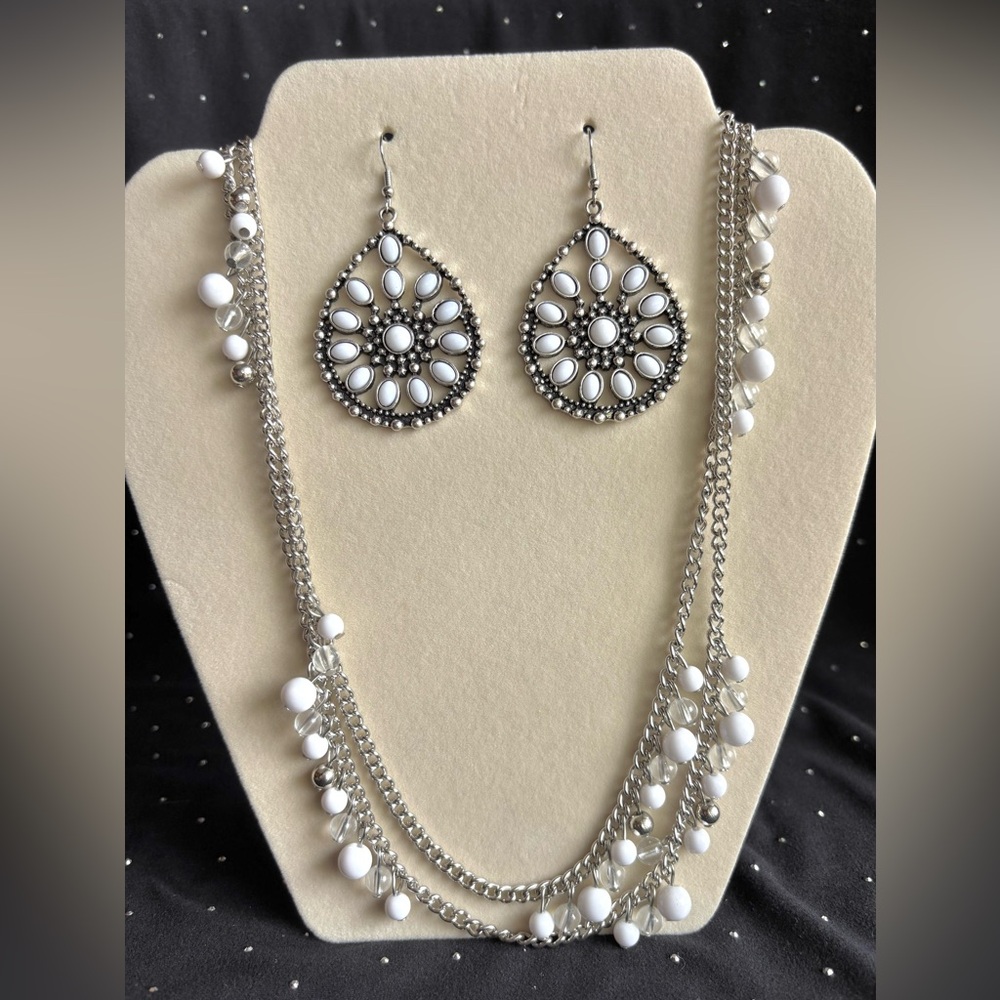 White and Silver Teardrop Filigree Earrings with Matching Bead Long Necklace